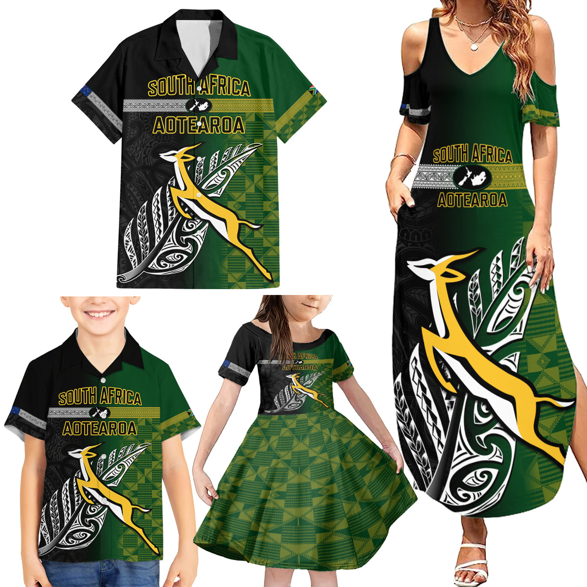 Personalised New Zealand and South Africa Rugby Family Matching Summer Maxi Dress and Hawaiian Shirt 2023 World Cup Final All Black Springboks Together LT14 - Polynesian Pride