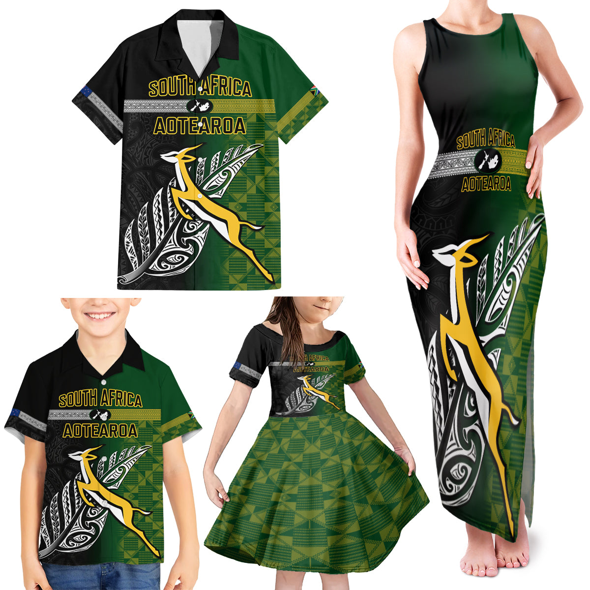 Personalised New Zealand and South Africa Rugby Family Matching Tank Maxi Dress and Hawaiian Shirt 2023 World Cup Final All Black Springboks Together LT14 - Polynesian Pride