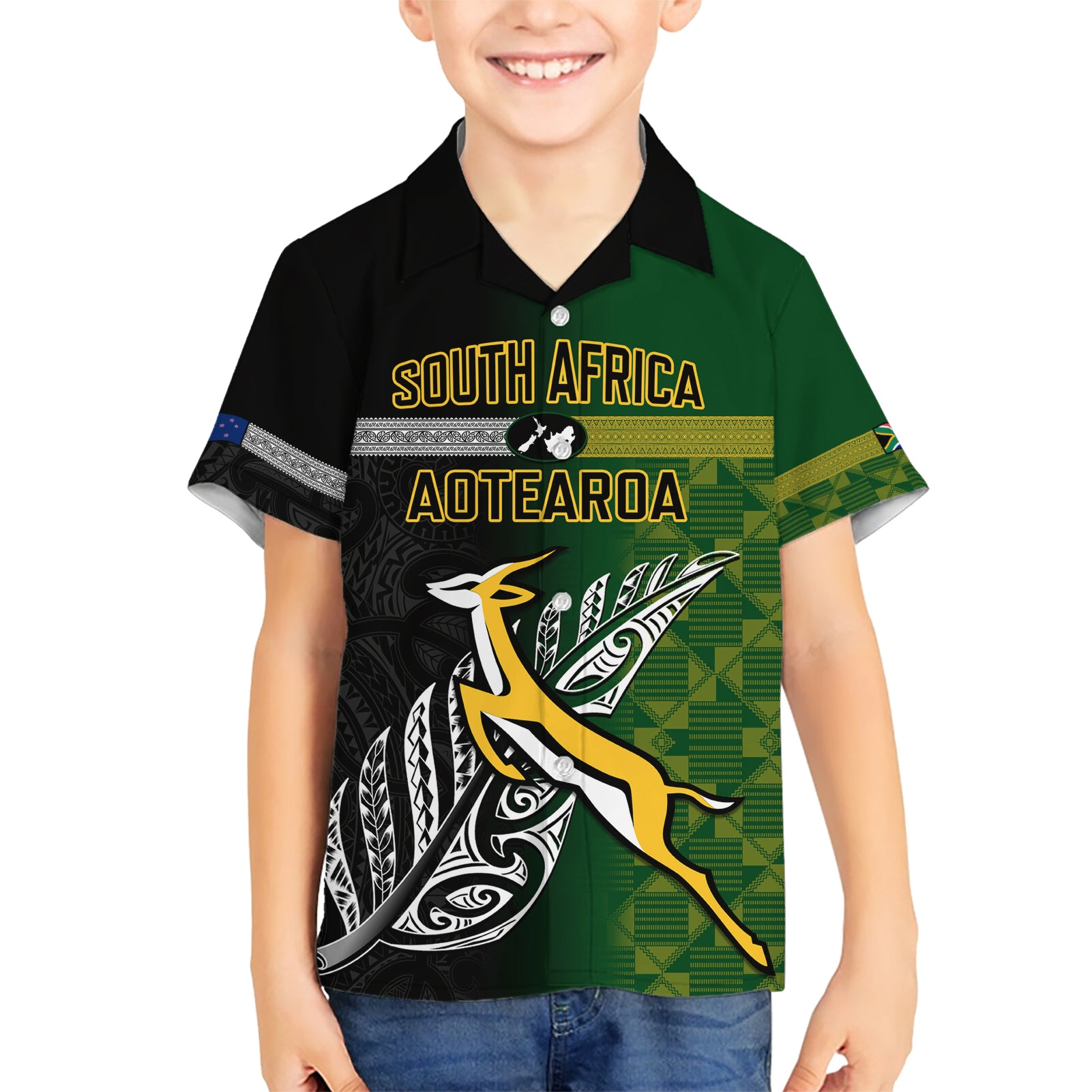 Personalised New Zealand and South Africa Rugby Kid Hawaiian Shirt 2023 World Cup Final All Black Springboks Together LT14 Kid Black - Polynesian Pride