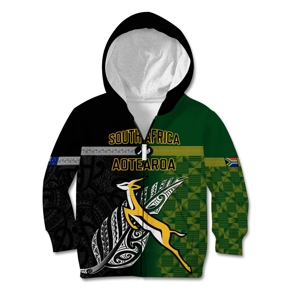 Personalised New Zealand and South Africa Rugby Kid Hoodie 2023 World Cup Final All Black Springboks Together LT14 Zip Hoodie Black - Polynesian Pride