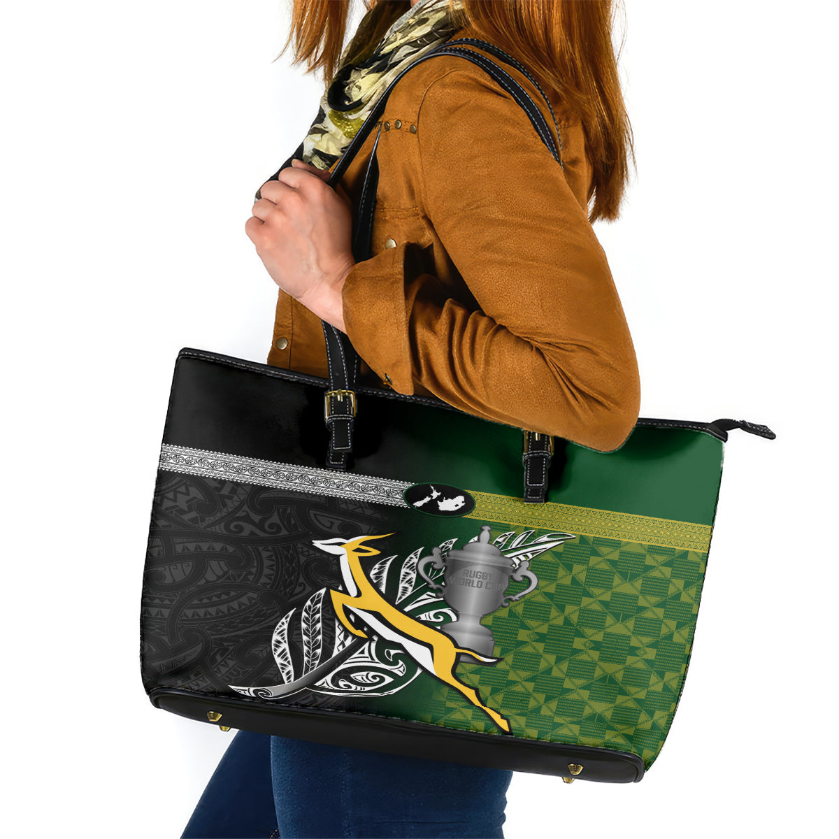 New Zealand and South Africa Rugby Leather Tote Bag 2023 World Cup Final All Black Springboks Together LT14 Black - Polynesian Pride