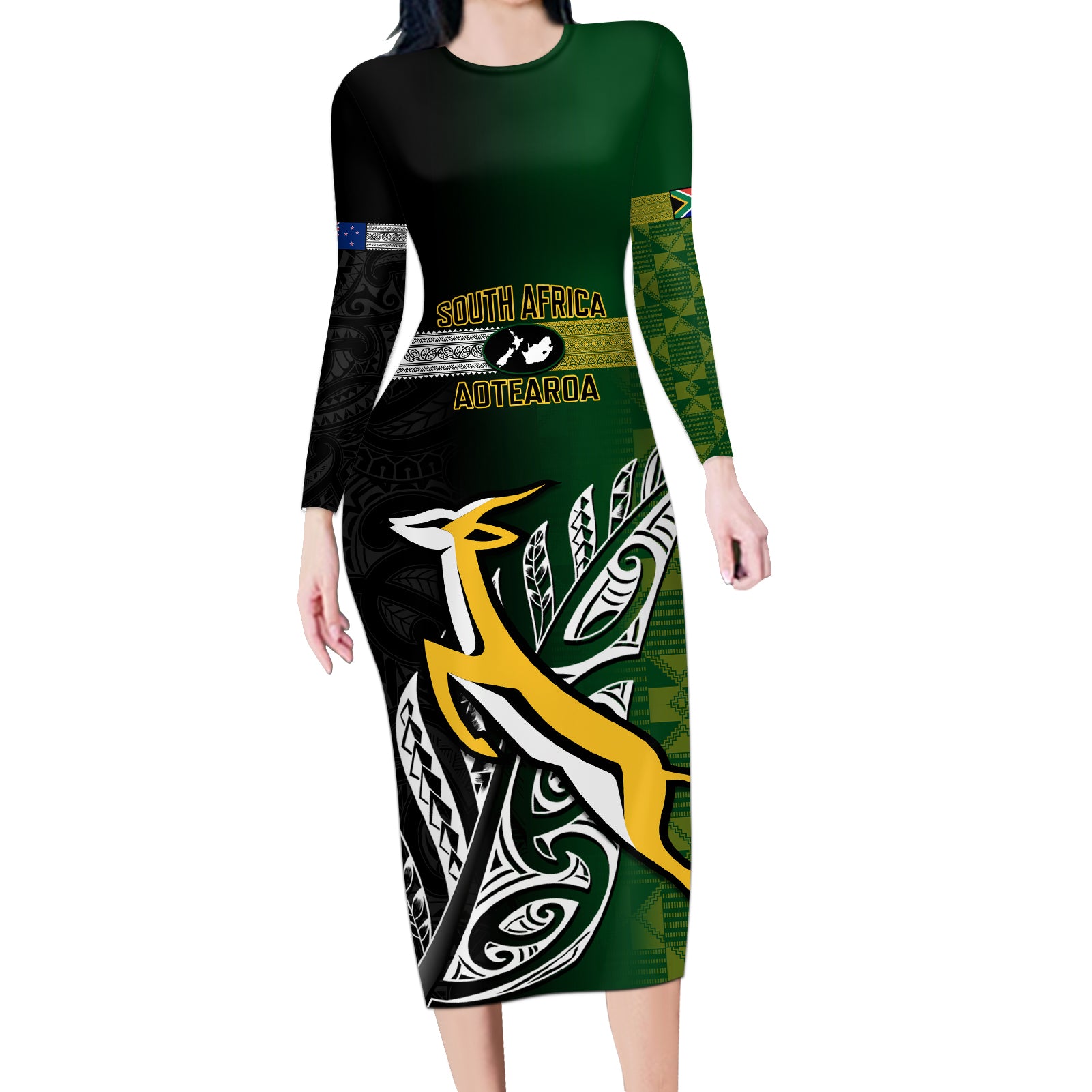 Personalised New Zealand and South Africa Rugby Long Sleeve Bodycon Dress 2023 World Cup Final All Black Springboks Together LT14 Long Dress Black - Polynesian Pride