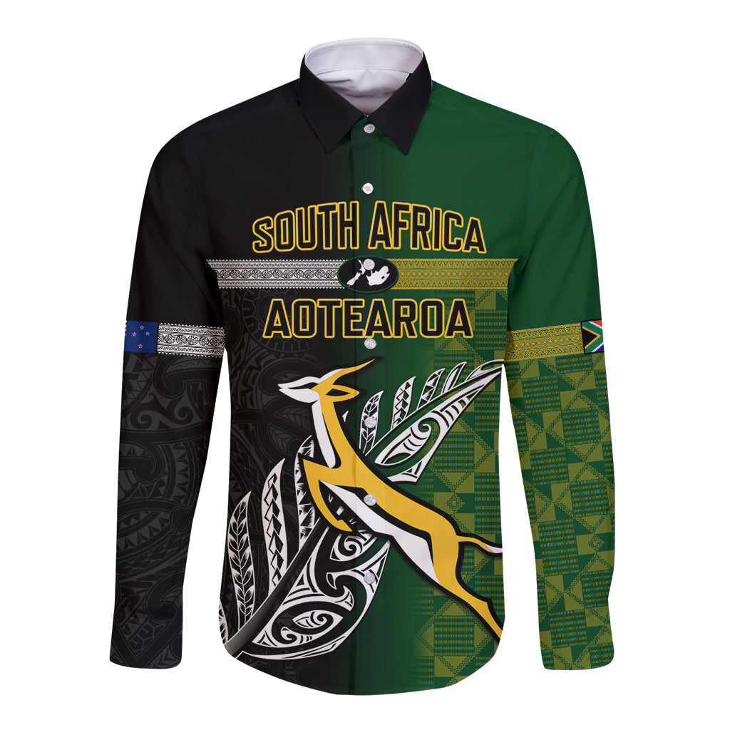 Personalised New Zealand and South Africa Rugby Long Sleeve Button Shirt 2023 World Cup Final All Black Springboks Together LT14 Unisex Black - Polynesian Pride