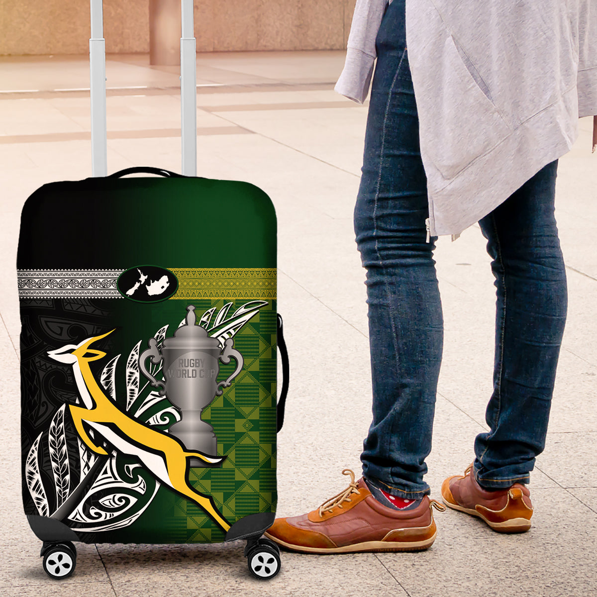 New Zealand and South Africa Rugby Luggage Cover 2023 World Cup Final All Black Springboks Together LT14 Black - Polynesian Pride