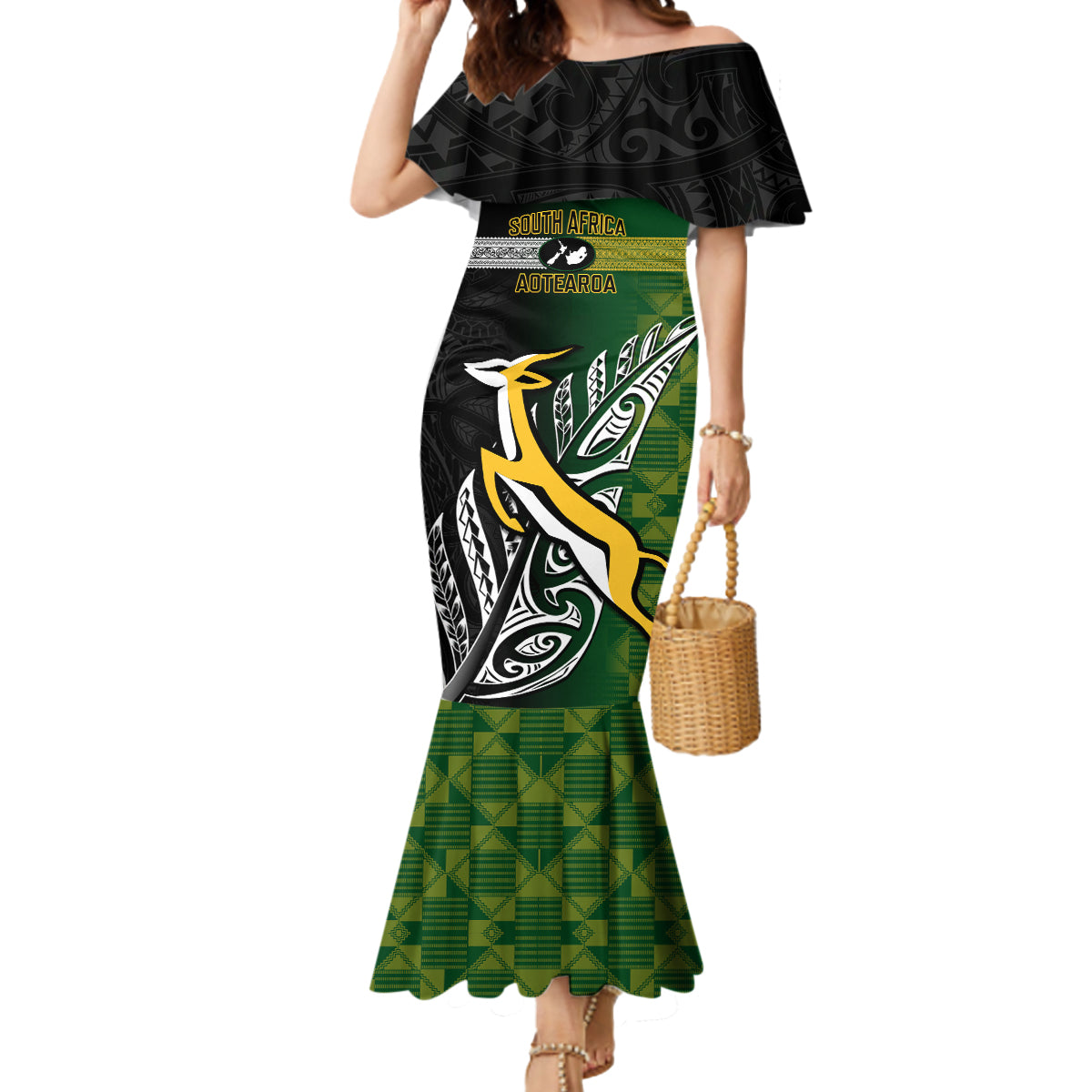 Personalised New Zealand and South Africa Rugby Mermaid Dress 2023 World Cup Final All Black Springboks Together LT14 Women Black - Polynesian Pride