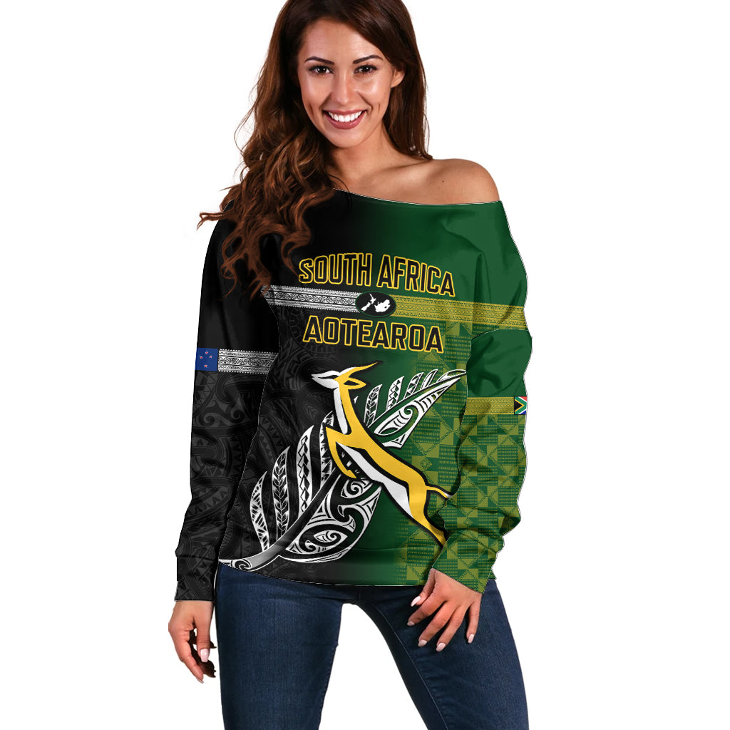 Personalised New Zealand and South Africa Rugby Off Shoulder Sweater 2023 World Cup Final All Black Springboks Together LT14 Women Black - Polynesian Pride