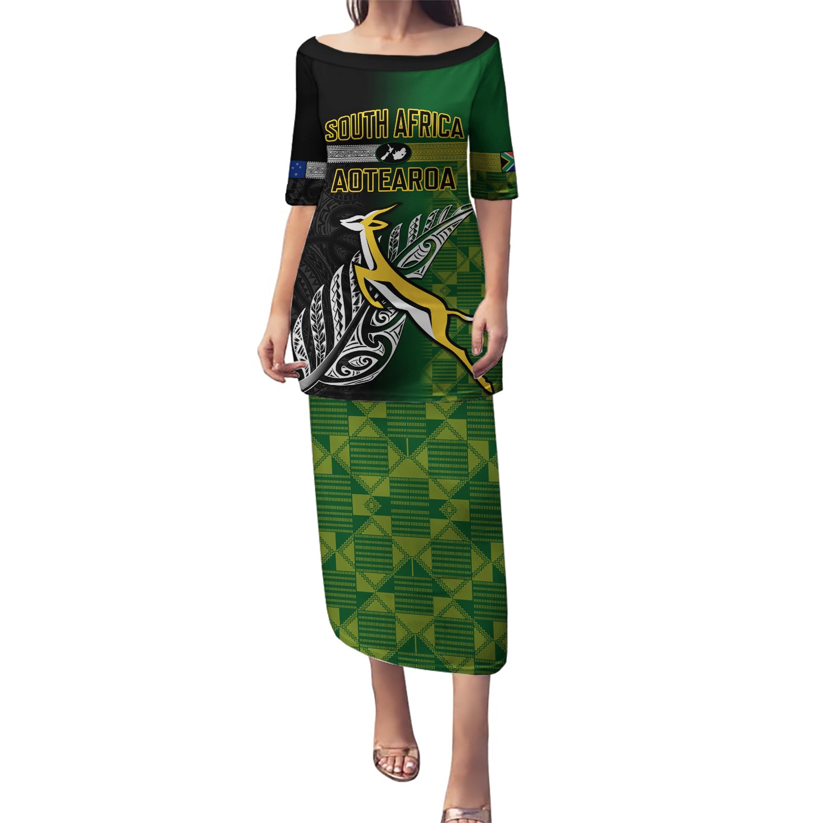 Personalised New Zealand and South Africa Rugby Puletasi 2023 World Cup Final All Black Springboks Together LT14 Long Dress Black - Polynesian Pride