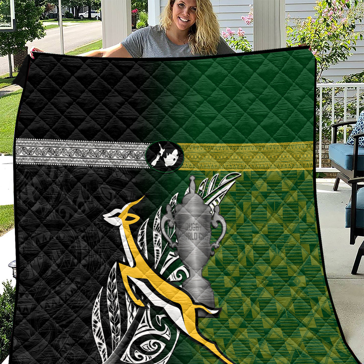 New Zealand and South Africa Rugby Quilt 2023 World Cup Final All Black Springboks Together LT14 Black - Polynesian Pride