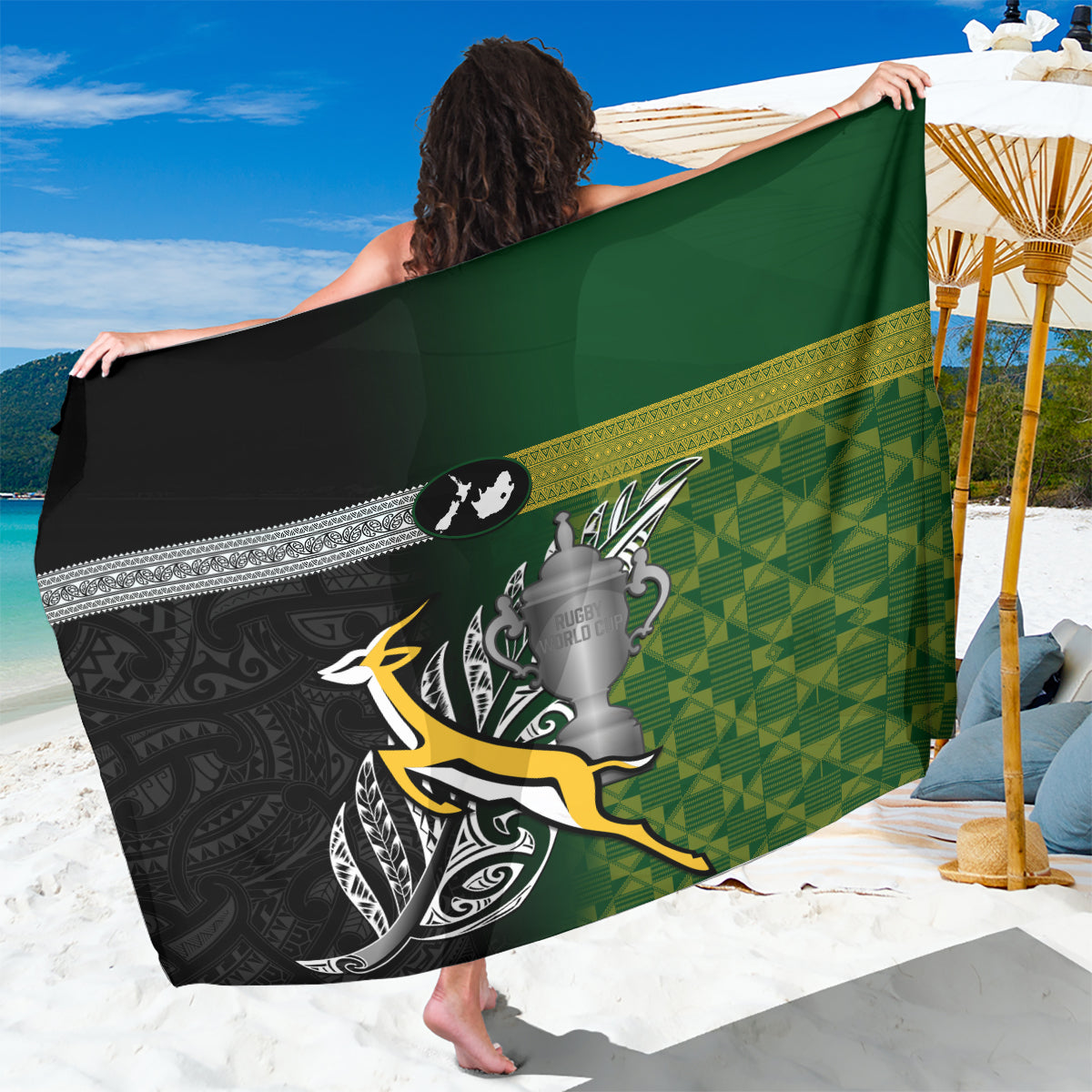 New Zealand and South Africa Rugby Sarong 2023 World Cup Final All Black Springboks Together LT14 One Size 44 x 66 inches Black - Polynesian Pride