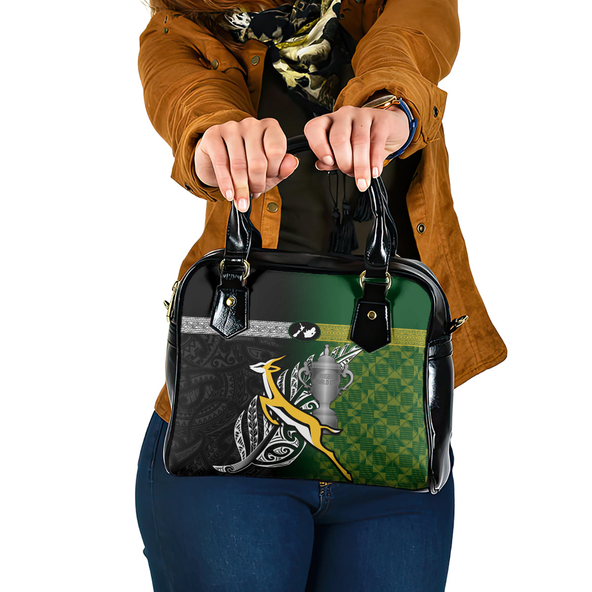 New Zealand and South Africa Rugby Shoulder Handbag 2023 World Cup Final All Black Springboks Together LT14 One Size Black - Polynesian Pride