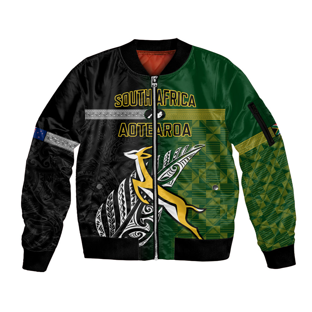 Personalised New Zealand and South Africa Rugby Sleeve Zip Bomber Jacket 2023 World Cup Final All Black Springboks Together LT14 Unisex Black - Polynesian Pride