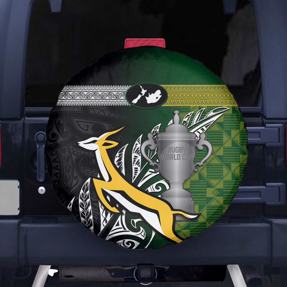 New Zealand and South Africa Rugby Spare Tire Cover 2023 World Cup Final All Black Springboks Together LT14 Black - Polynesian Pride