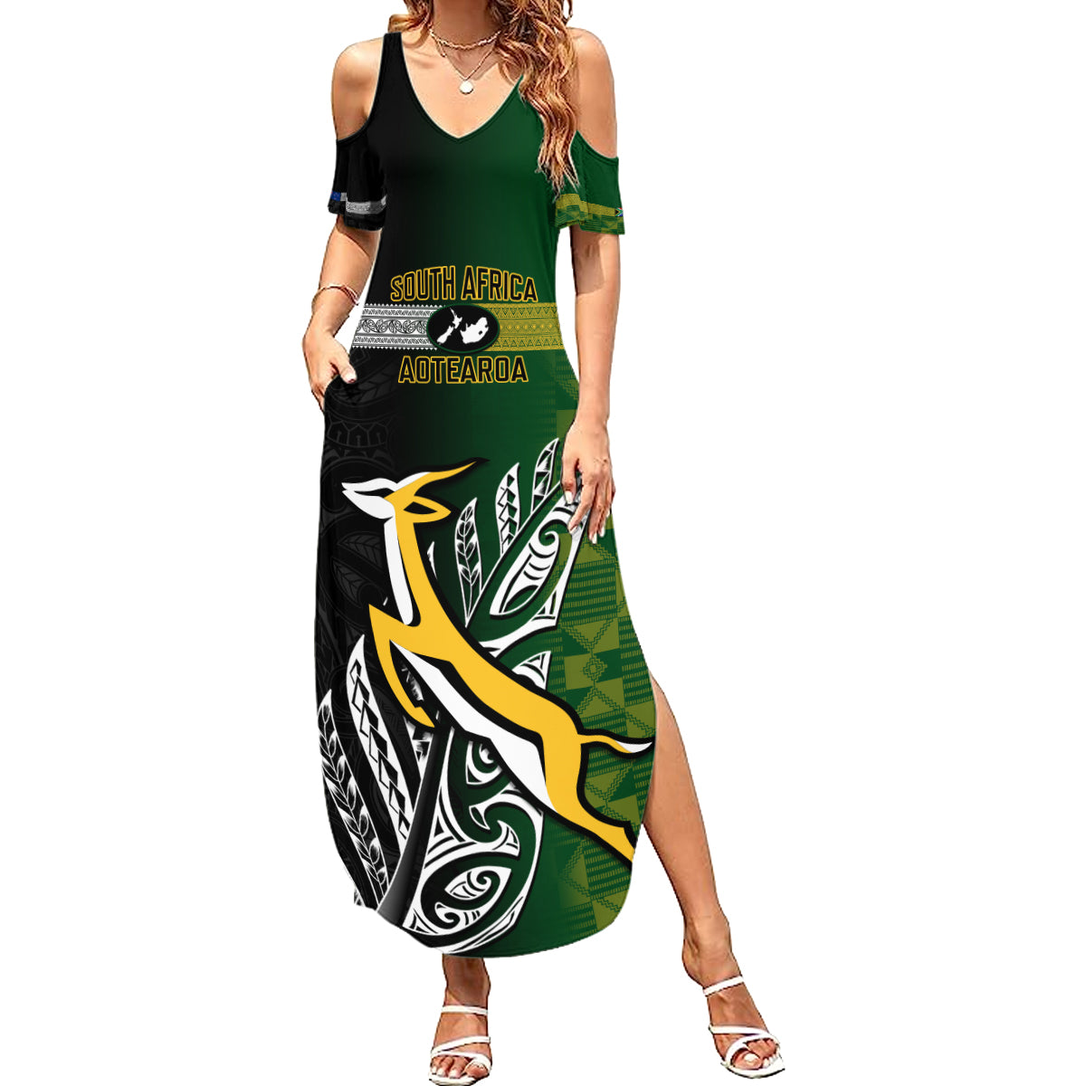 Personalised New Zealand and South Africa Rugby Summer Maxi Dress 2023 World Cup Final All Black Springboks Together LT14 Women Black - Polynesian Pride