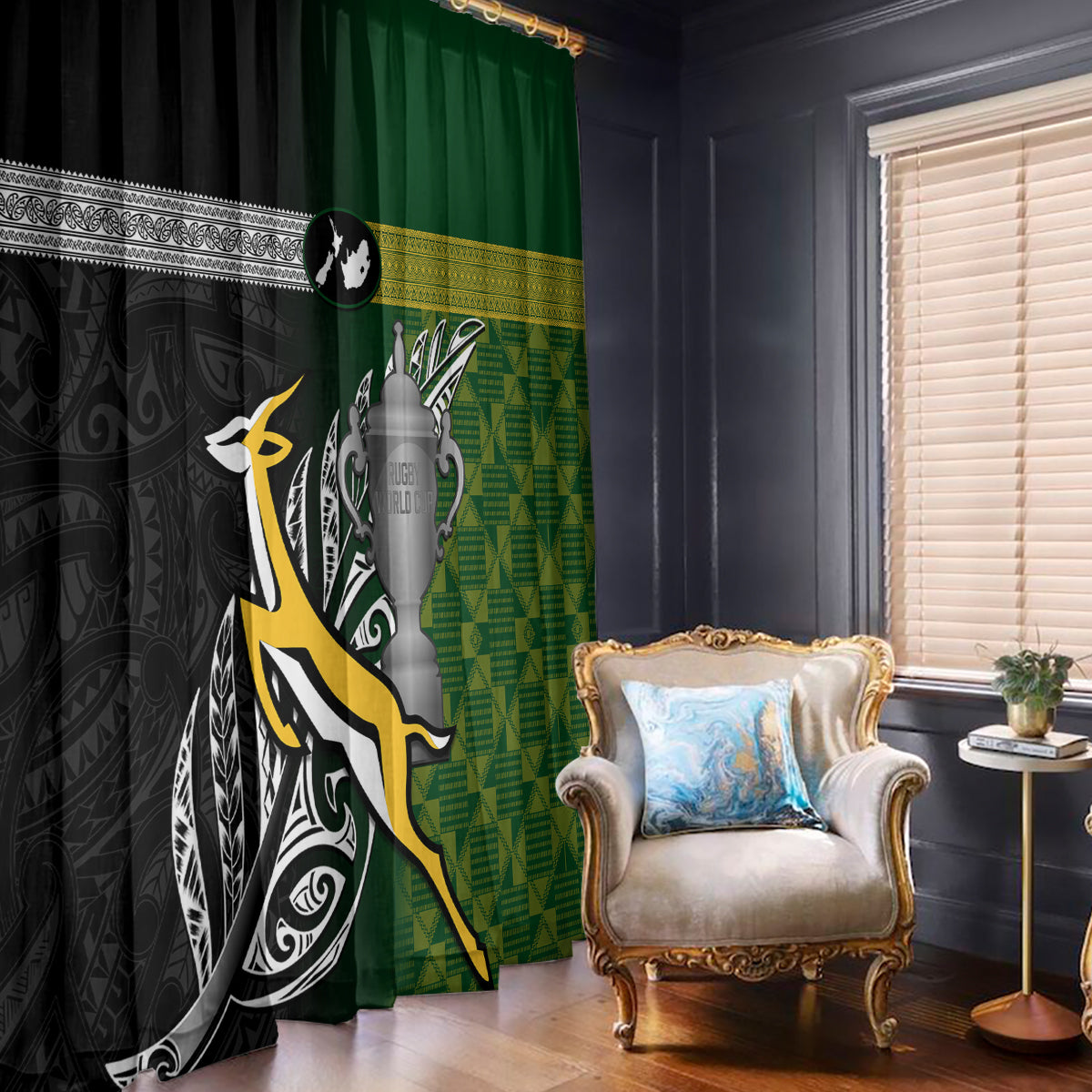 New Zealand and South Africa Rugby Window Curtain 2023 World Cup Final All Black Springboks Together LT14 With Hooks Black - Polynesian Pride