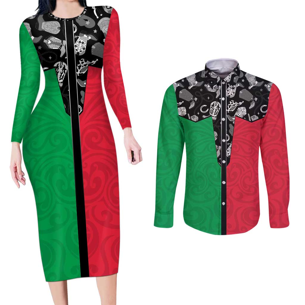 Vanuatu Cowboy Couples Matching Long Sleeve Bodycon Dress and Long Sleeve Button Shirt Cowboy Symbols Split Stylized LT14 Green - Polynesian Pride