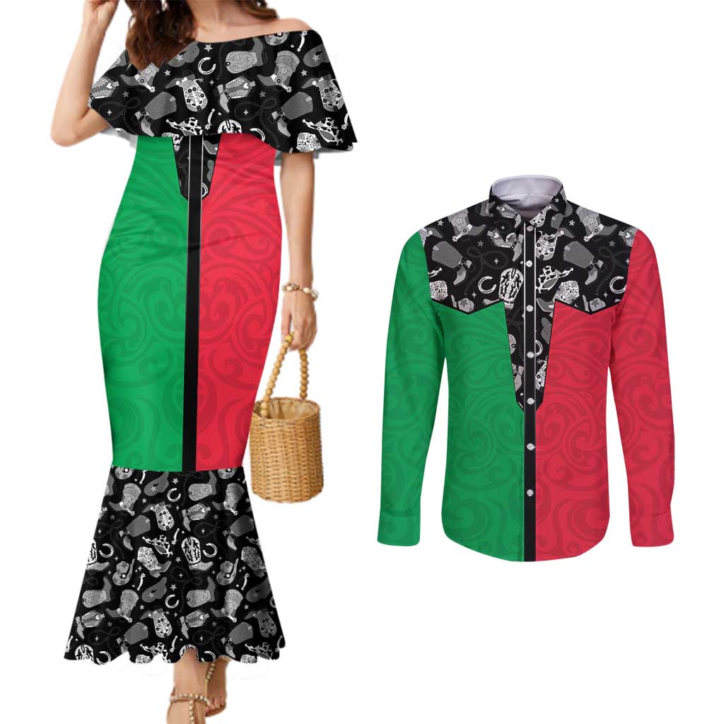Vanuatu Cowboy Couples Matching Mermaid Dress and Long Sleeve Button Shirt Cowboy Symbols Split Stylized LT14 Green - Polynesian Pride