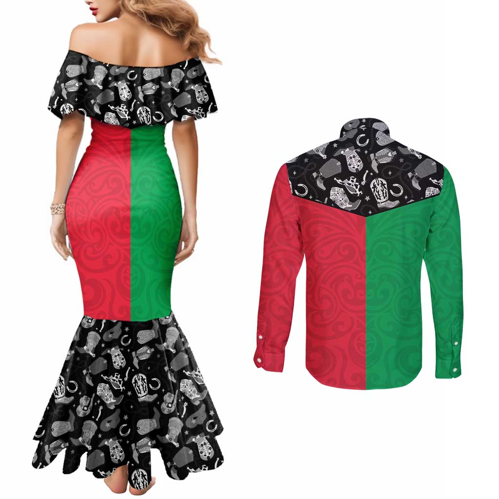 Vanuatu Cowboy Couples Matching Mermaid Dress and Long Sleeve Button Shirt Cowboy Symbols Split Stylized LT14 - Polynesian Pride