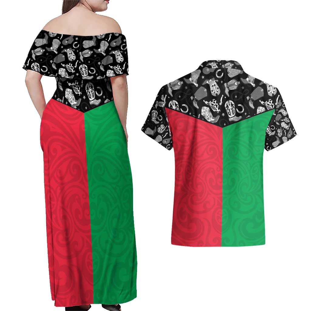 Vanuatu Cowboy Couples Matching Off Shoulder Maxi Dress and Hawaiian Shirt Cowboy Symbols Split Stylized - Polynesian Pride