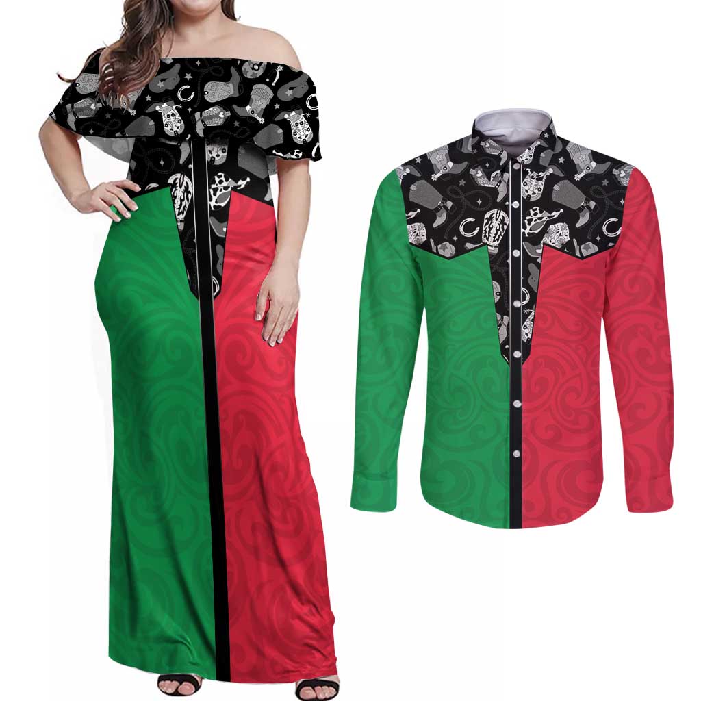 Vanuatu Cowboy Couples Matching Off Shoulder Maxi Dress and Long Sleeve Button Shirt Cowboy Symbols Split Stylized LT14 Green - Polynesian Pride