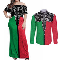 Vanuatu Cowboy Couples Matching Off Shoulder Maxi Dress and Long Sleeve Button Shirt Cowboy Symbols Split Stylized LT14 Green - Polynesian Pride