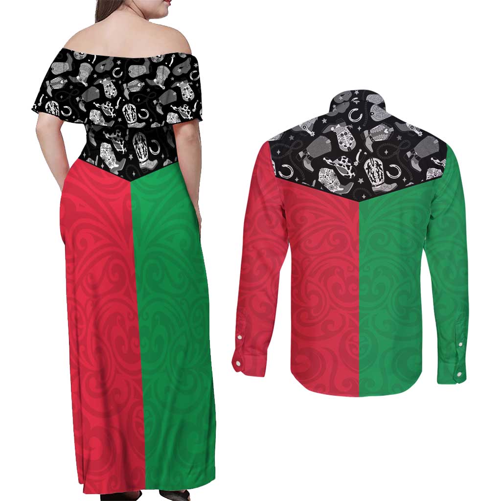 Vanuatu Cowboy Couples Matching Off Shoulder Maxi Dress and Long Sleeve Button Shirt Cowboy Symbols Split Stylized LT14 - Polynesian Pride