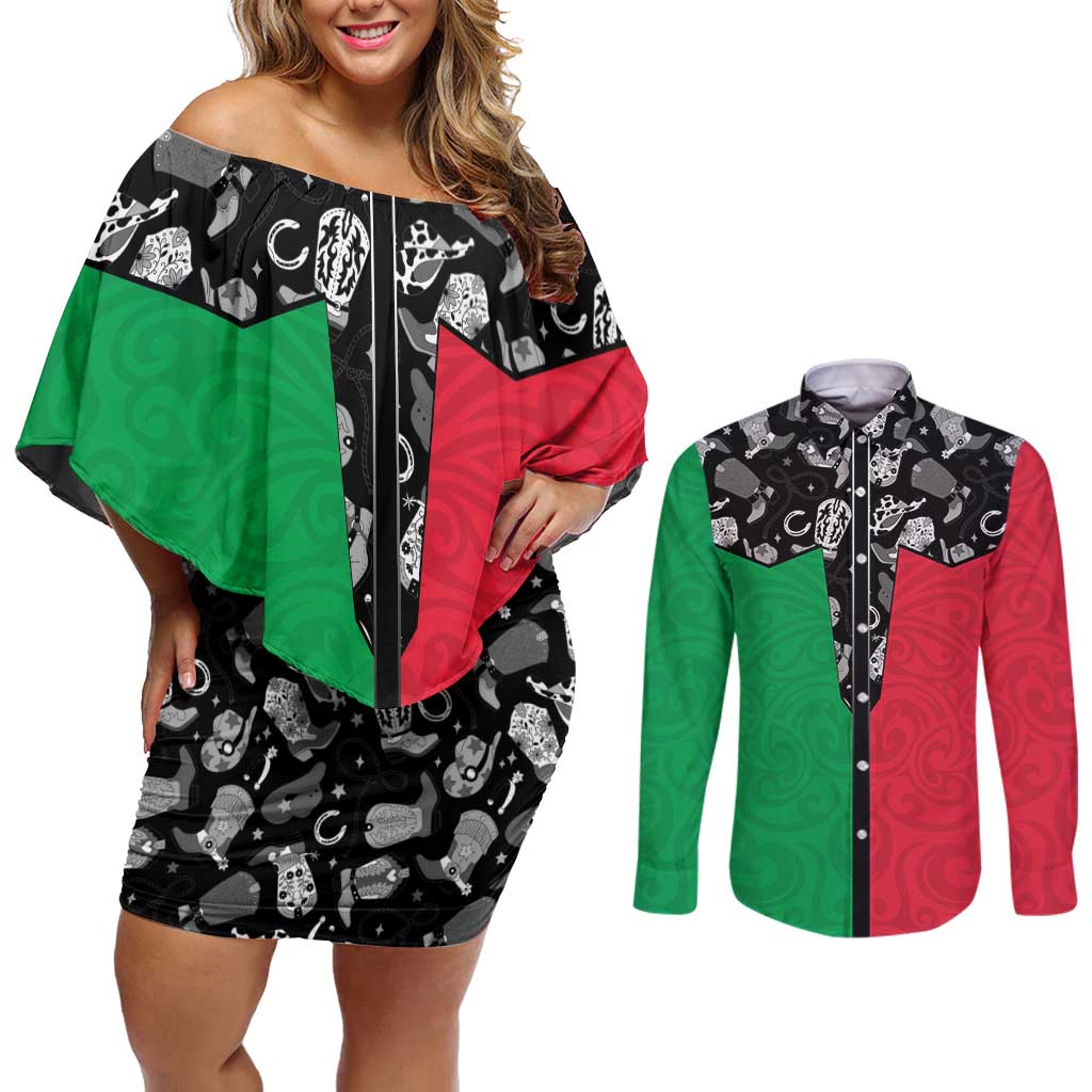 Vanuatu Cowboy Couples Matching Off Shoulder Short Dress and Long Sleeve Button Shirt Cowboy Symbols Split Stylized LT14 Green - Polynesian Pride