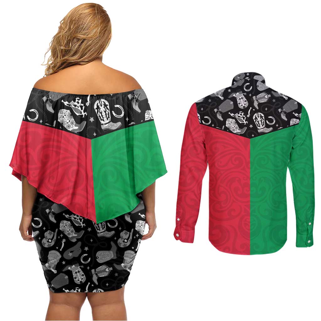Vanuatu Cowboy Couples Matching Off Shoulder Short Dress and Long Sleeve Button Shirt Cowboy Symbols Split Stylized LT14 - Polynesian Pride