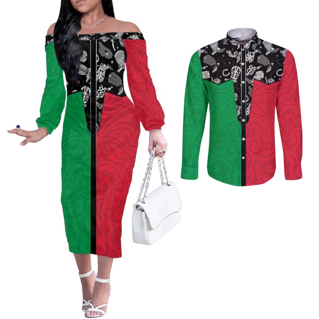 Vanuatu Cowboy Couples Matching Off The Shoulder Long Sleeve Dress and Long Sleeve Button Shirt Cowboy Symbols Split Stylized LT14 Green - Polynesian Pride