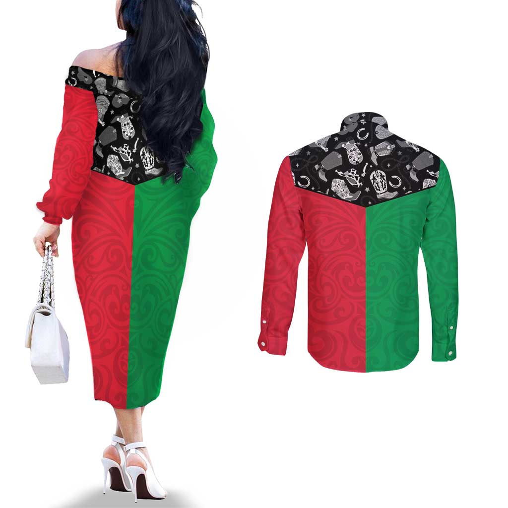 Vanuatu Cowboy Couples Matching Off The Shoulder Long Sleeve Dress and Long Sleeve Button Shirt Cowboy Symbols Split Stylized LT14 - Polynesian Pride