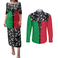 Vanuatu Cowboy Couples Matching Puletasi and Long Sleeve Button Shirt Cowboy Symbols Split Stylized LT14 Green - Polynesian Pride