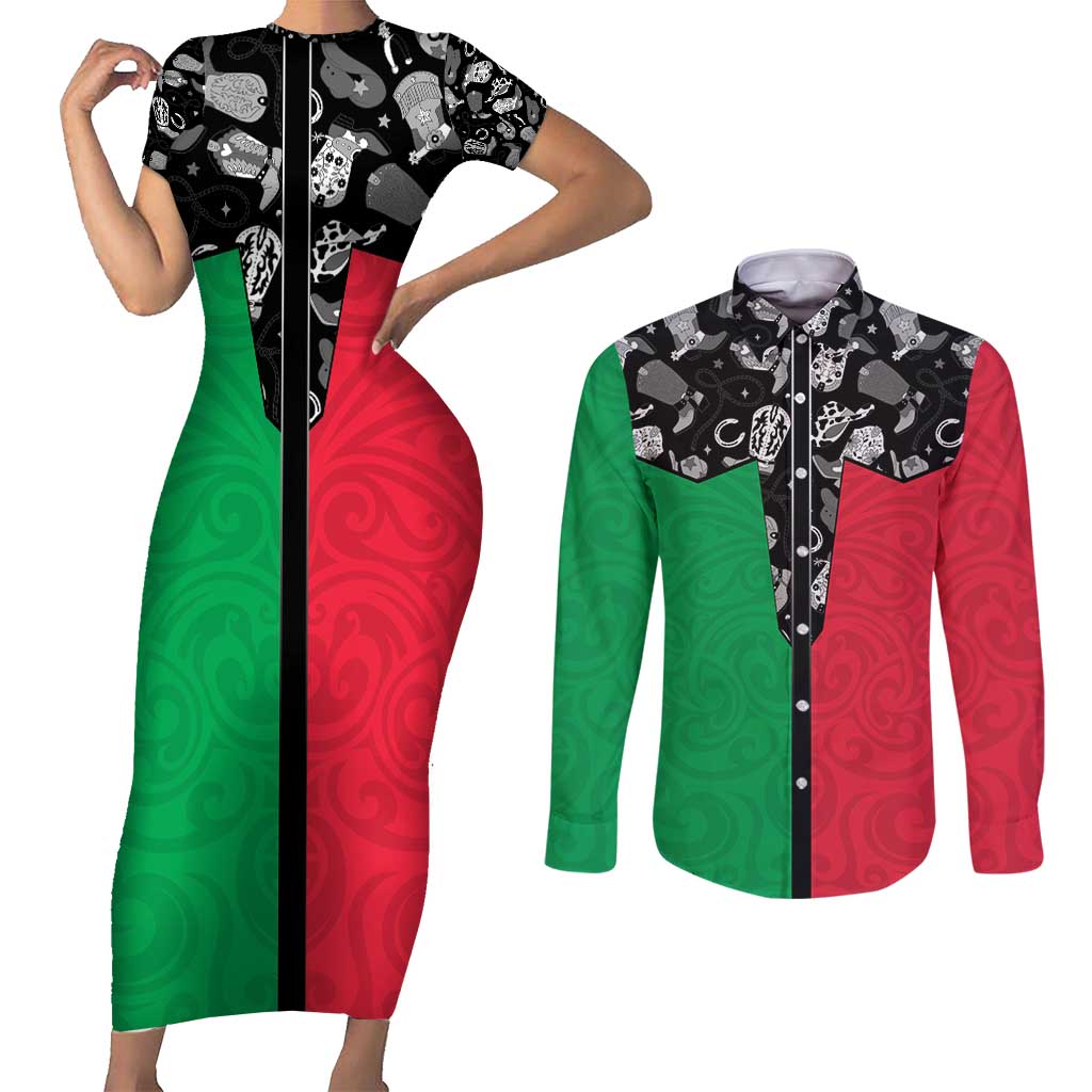 Vanuatu Cowboy Couples Matching Short Sleeve Bodycon Dress and Long Sleeve Button Shirt Cowboy Symbols Split Stylized LT14 Green - Polynesian Pride