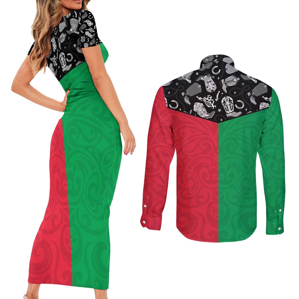 Vanuatu Cowboy Couples Matching Short Sleeve Bodycon Dress and Long Sleeve Button Shirt Cowboy Symbols Split Stylized LT14 - Polynesian Pride