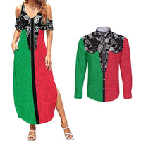Vanuatu Cowboy Couples Matching Summer Maxi Dress and Long Sleeve Button Shirt Cowboy Symbols Split Stylized LT14 Green - Polynesian Pride