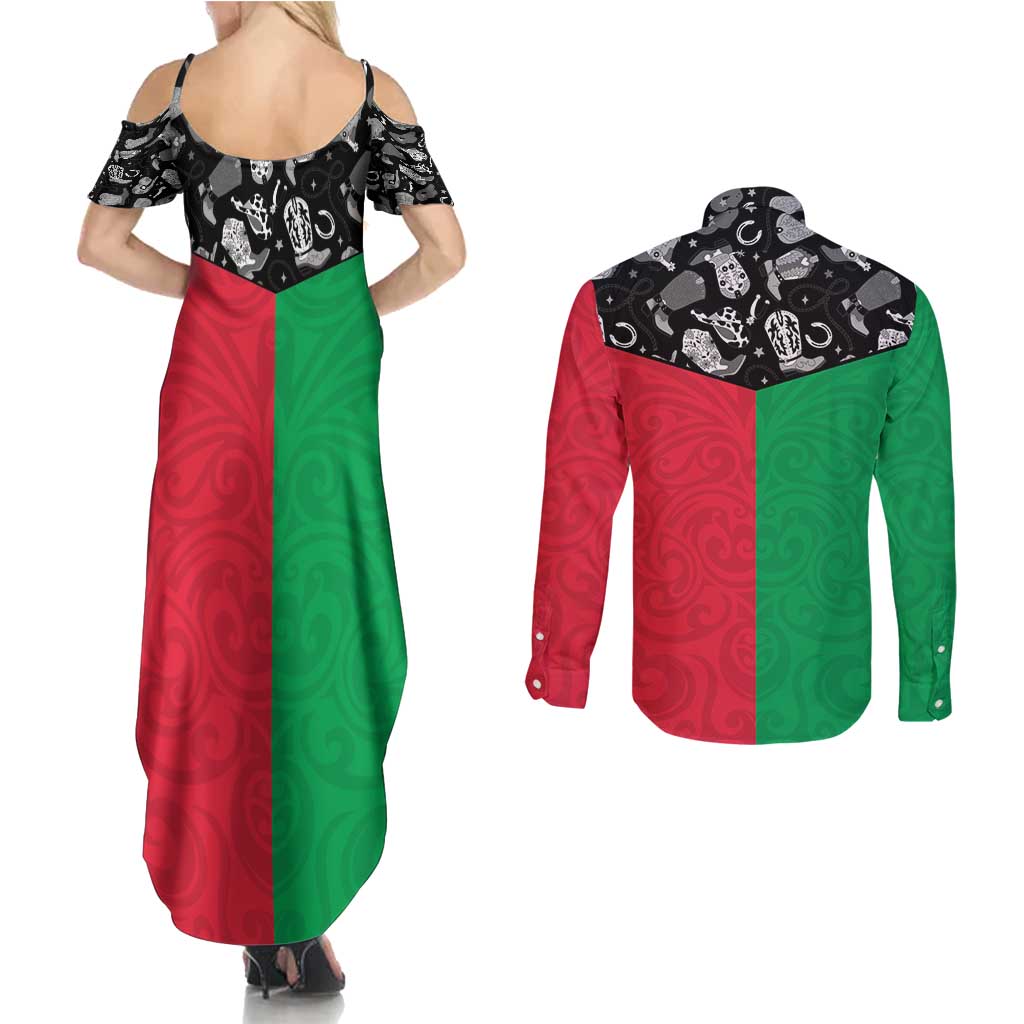 Vanuatu Cowboy Couples Matching Summer Maxi Dress and Long Sleeve Button Shirt Cowboy Symbols Split Stylized LT14 - Polynesian Pride