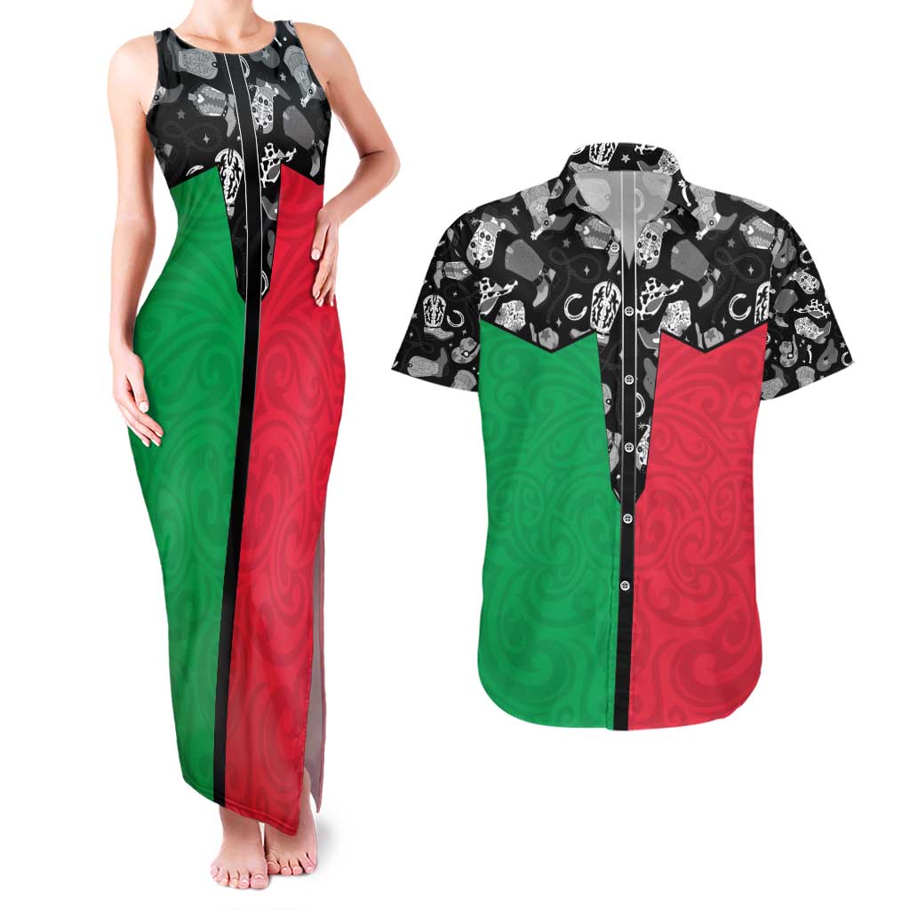 Vanuatu Cowboy Couples Matching Tank Maxi Dress and Hawaiian Shirt Cowboy Symbols Split Stylized - Polynesian Pride