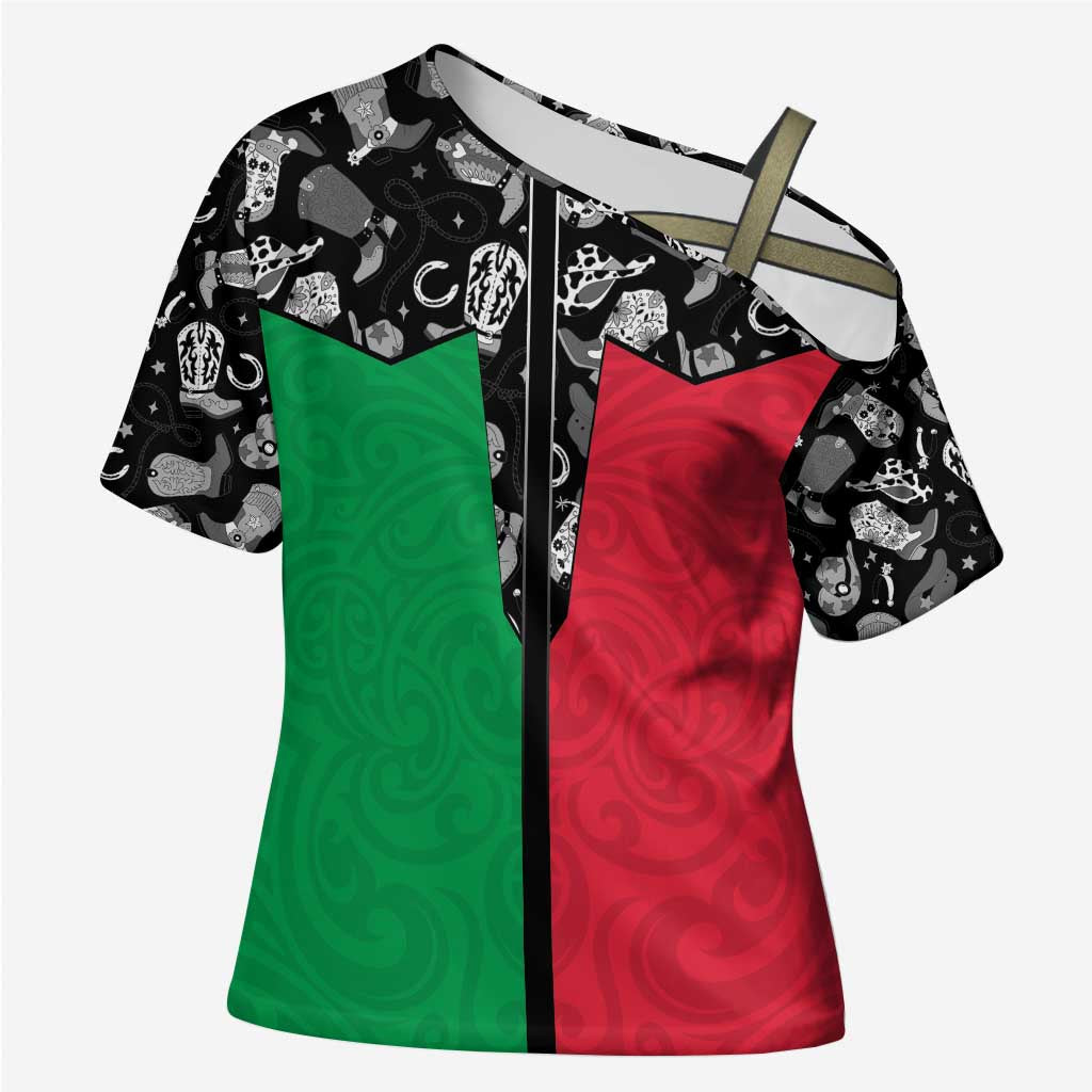 Vanuatu Cowboy Cross Shoulder Shirt Cowboy Symbols Split Stylized LT14 Female Green - Polynesian Pride