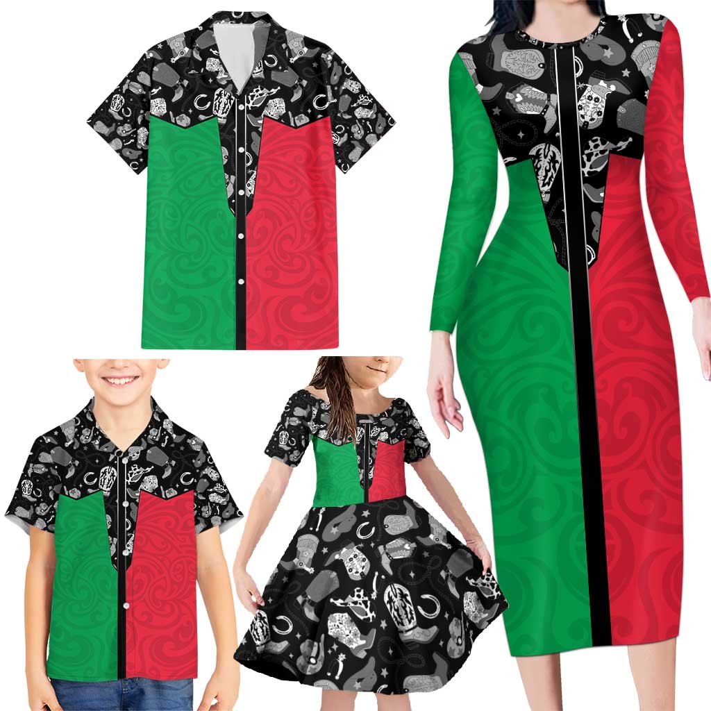 Vanuatu Cowboy Family Matching Long Sleeve Bodycon Dress and Hawaiian Shirt Cowboy Symbols Split Stylized - Polynesian Pride