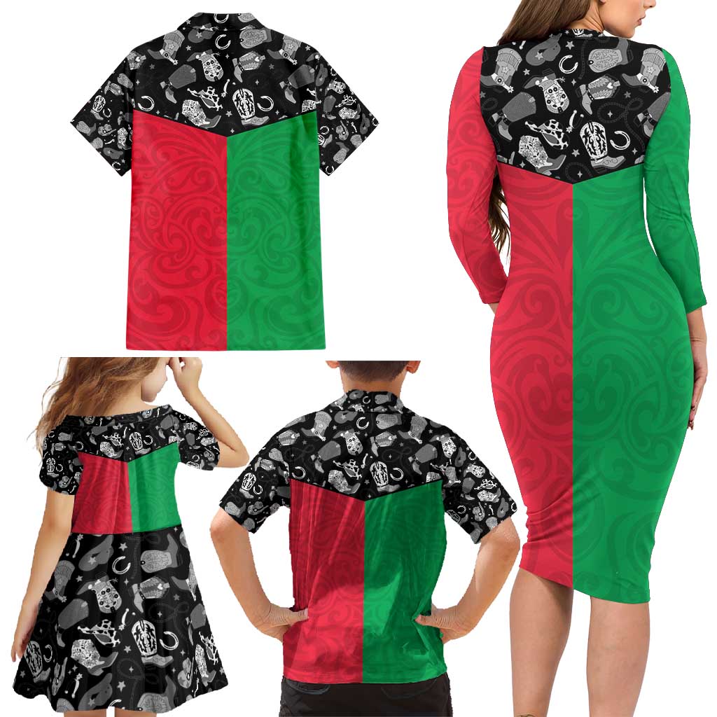 Vanuatu Cowboy Family Matching Long Sleeve Bodycon Dress and Hawaiian Shirt Cowboy Symbols Split Stylized - Polynesian Pride