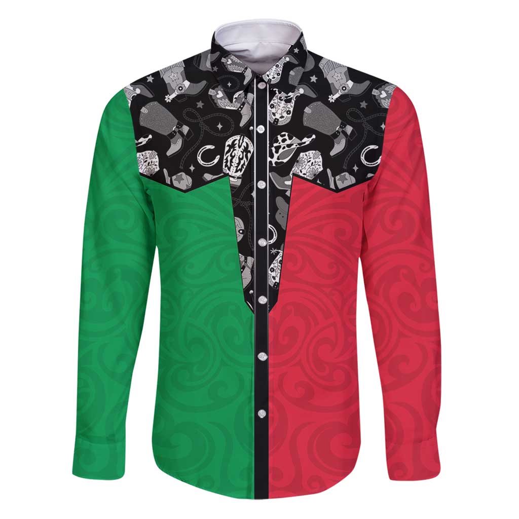 Vanuatu Cowboy Family Matching Puletasi and Hawaiian Shirt Cowboy Symbols Split Stylized LT14 Dad's Shirt - Long Sleeve Green - Polynesian Pride