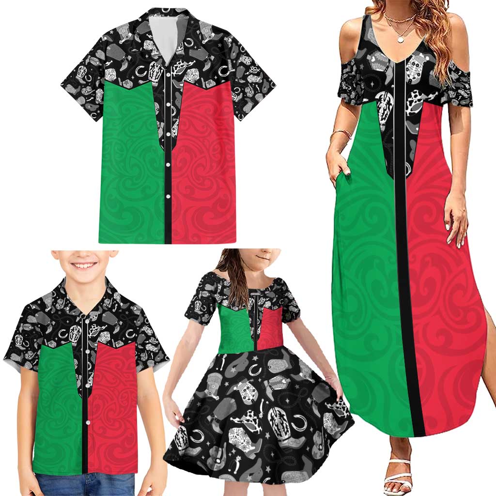 Vanuatu Cowboy Family Matching Summer Maxi Dress and Hawaiian Shirt Cowboy Symbols Split Stylized - Polynesian Pride