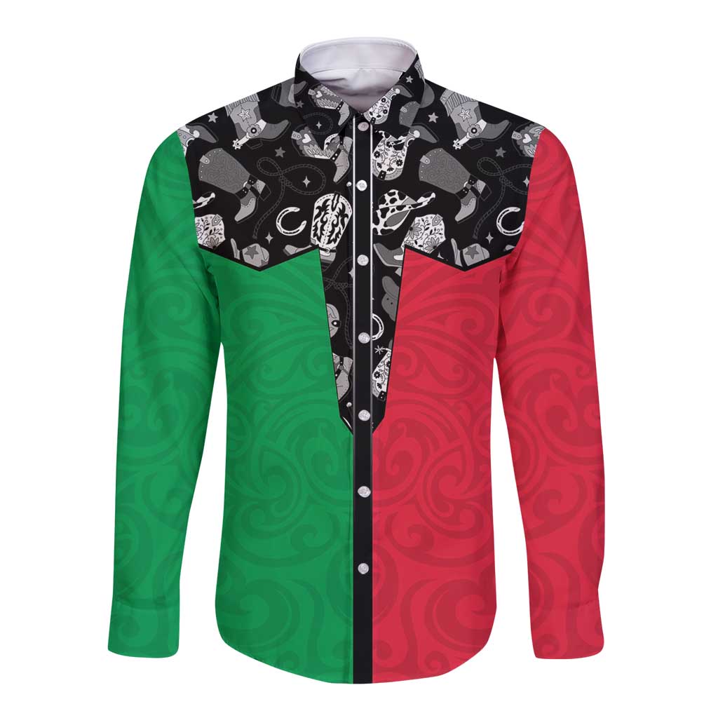Vanuatu Cowboy Long Sleeve Button Shirt Cowboy Symbols Split Stylized LT14 Unisex Green - Polynesian Pride