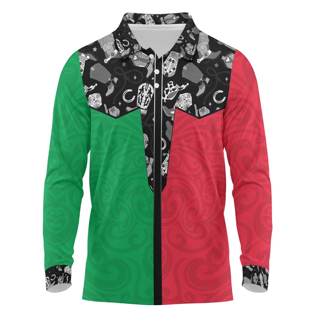 Vanuatu Cowboy Long Sleeve Polo Shirt Cowboy Symbols Split Stylized - Polynesian Pride