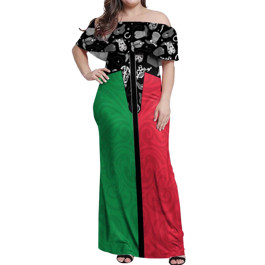 Vanuatu Cowboy Off Shoulder Maxi Dress Cowboy Symbols Split Stylized LT14 Women Green - Polynesian Pride