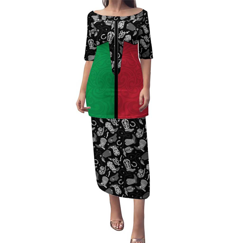 Vanuatu Cowboy Puletasi Cowboy Symbols Split Stylized LT14 Long Dress Green - Polynesian Pride