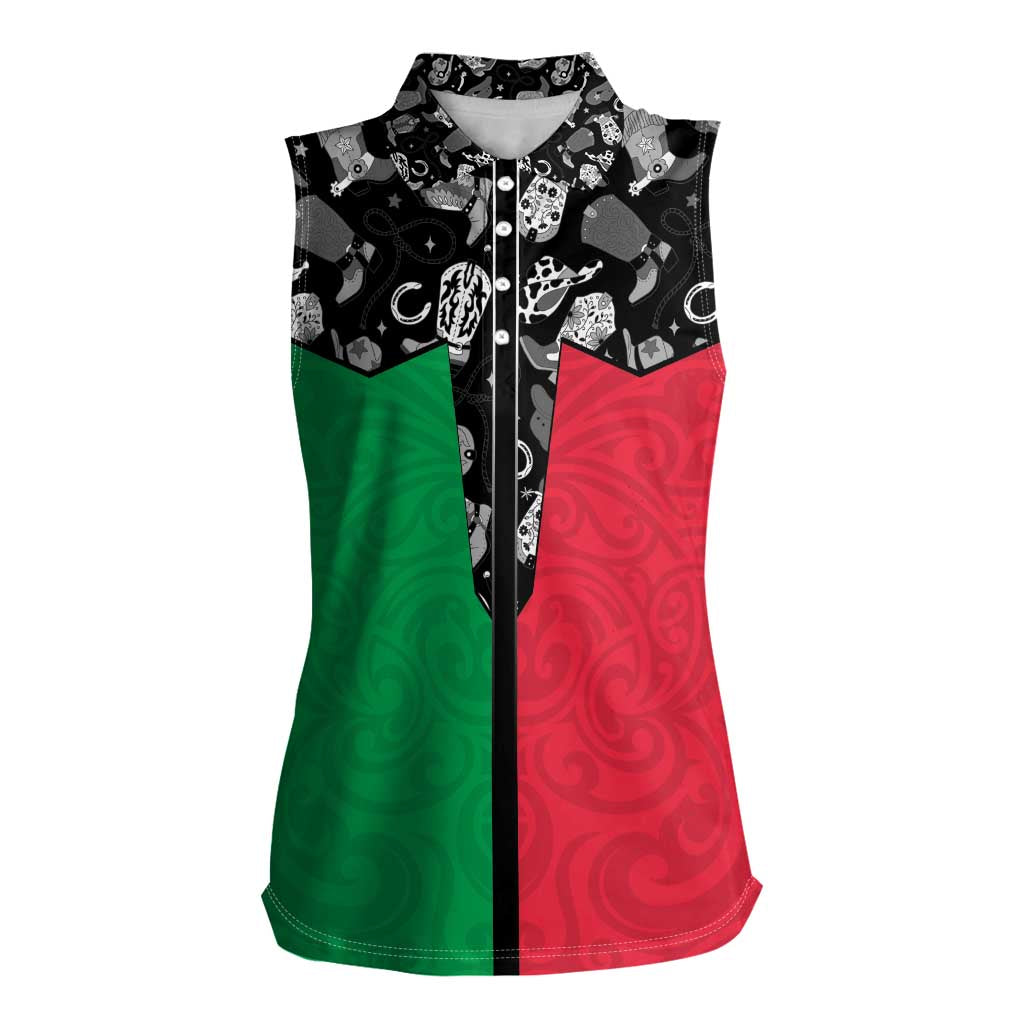 Vanuatu Cowboy Women Sleeveless Polo Shirt Cowboy Symbols Split Stylized LT14 Female Green - Polynesian Pride