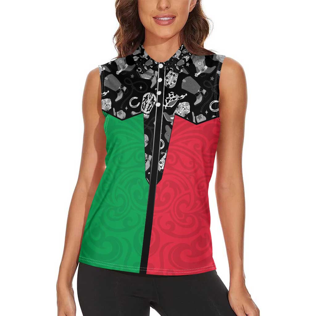 Vanuatu Cowboy Women Sleeveless Polo Shirt Cowboy Symbols Split Stylized LT14 - Polynesian Pride