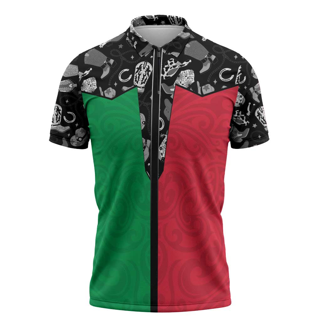 Vanuatu Cowboy Zipper Polo Shirt Cowboy Symbols Split Stylized LT14 Green - Polynesian Pride