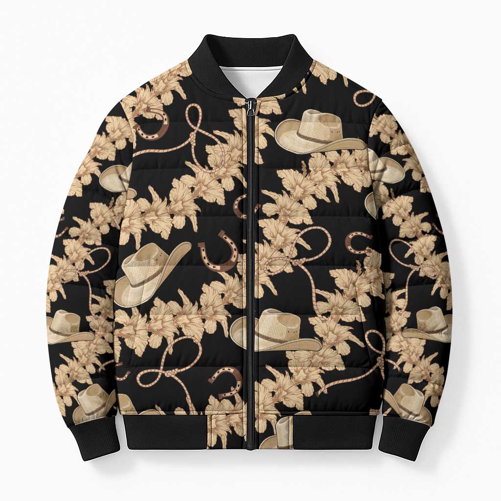 Vanuatu Cowboy Bomber Puffer Jacket Seamless Straw Hats Hibiscus LT14 Unisex Black - Polynesian Pride