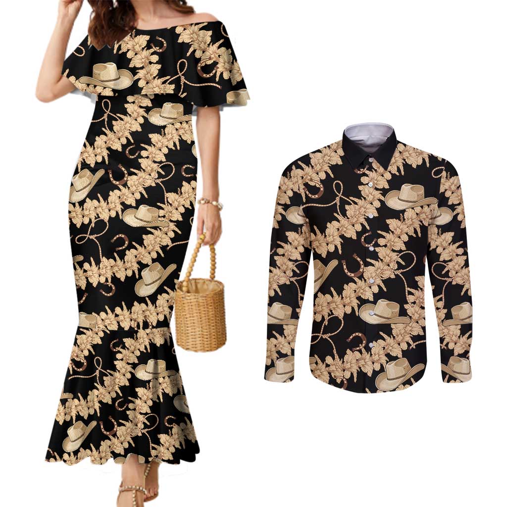 Vanuatu Cowboy Couples Matching Mermaid Dress and Long Sleeve Button Shirt Seamless Straw Hats Hibiscus LT14 Black - Polynesian Pride