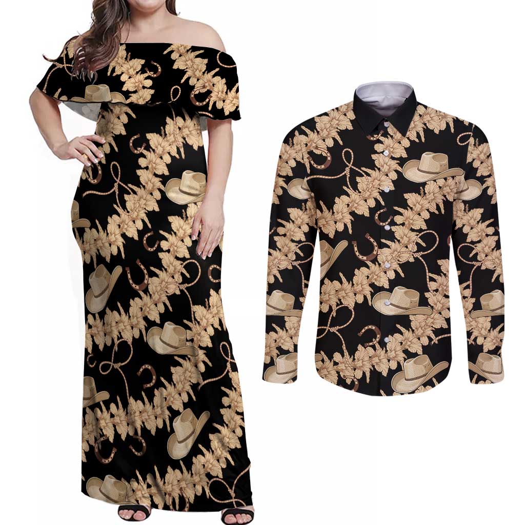 Vanuatu Cowboy Couples Matching Off Shoulder Maxi Dress and Long Sleeve Button Shirt Seamless Straw Hats Hibiscus LT14 Black - Polynesian Pride